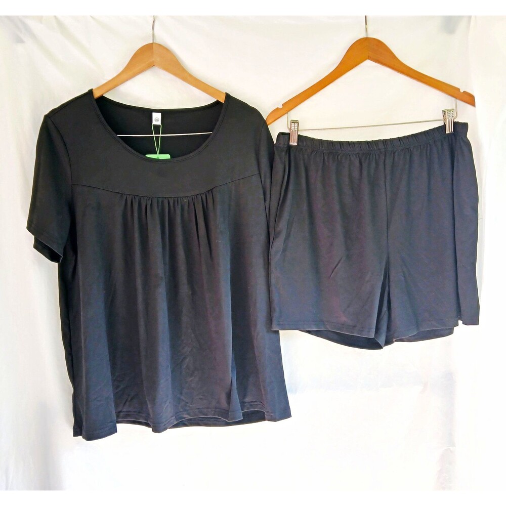 TAOHUADAO Women's Black XL 2pc Ruched Knit Set Stretch Elastic Waist